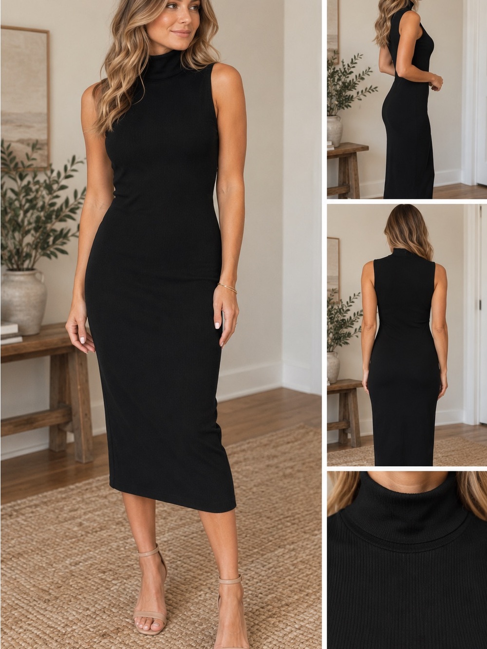 House of Harlow 1960 Black Sleeveless Turtleneck Midi Dress